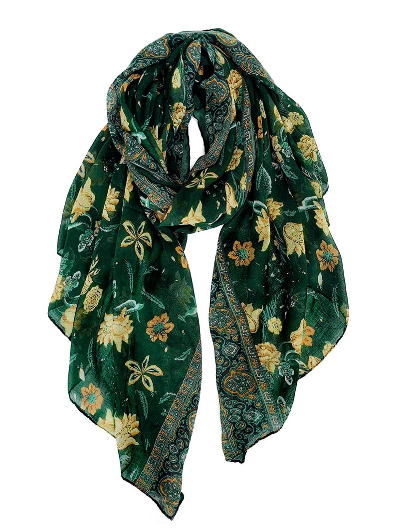 GERINLY Lightweight Scarves Fashion Flowers Print Shawl Wrap Scarf For Women Forest Green Accessory for Beach Boho Scarf (Green) - Image 1